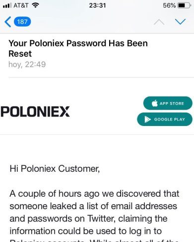 Poloniex buộc đặt lại mật khẩu sau khi rò rỉ dữ liệu trực tuyến poloniex email