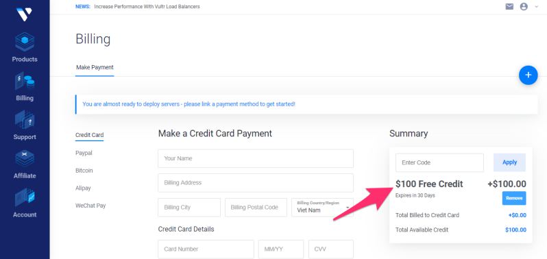 Hướng dẫn đăng ký Vultr với Coupon Tháng 4/2020 – Tặng tới 103$ FREE Credit